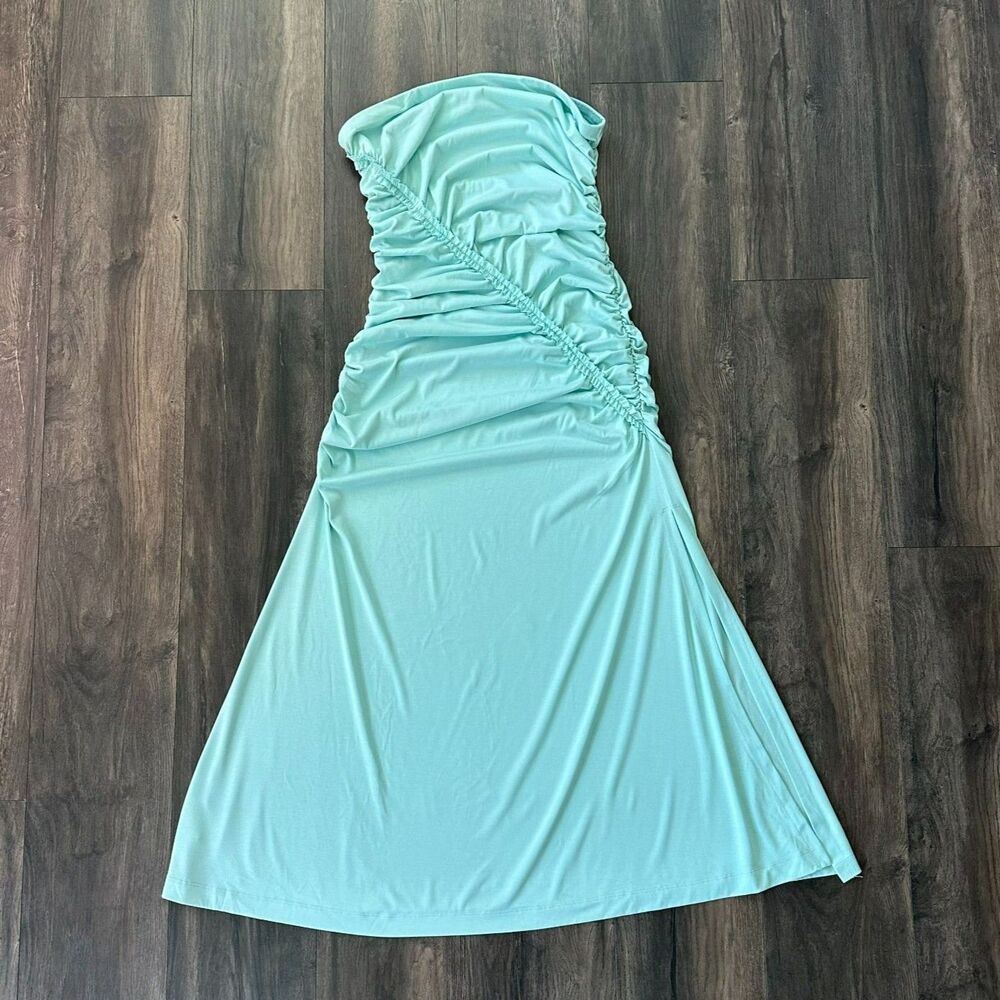 Celandine Anthropologie Gabbie Dress Strapless Tube Rouched Maxi Mint Blue Large